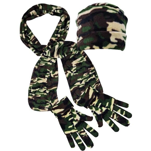 Green Camo Print Polar Fleece Scarf Glove & Hat Matching Set - Picture 1 of 9